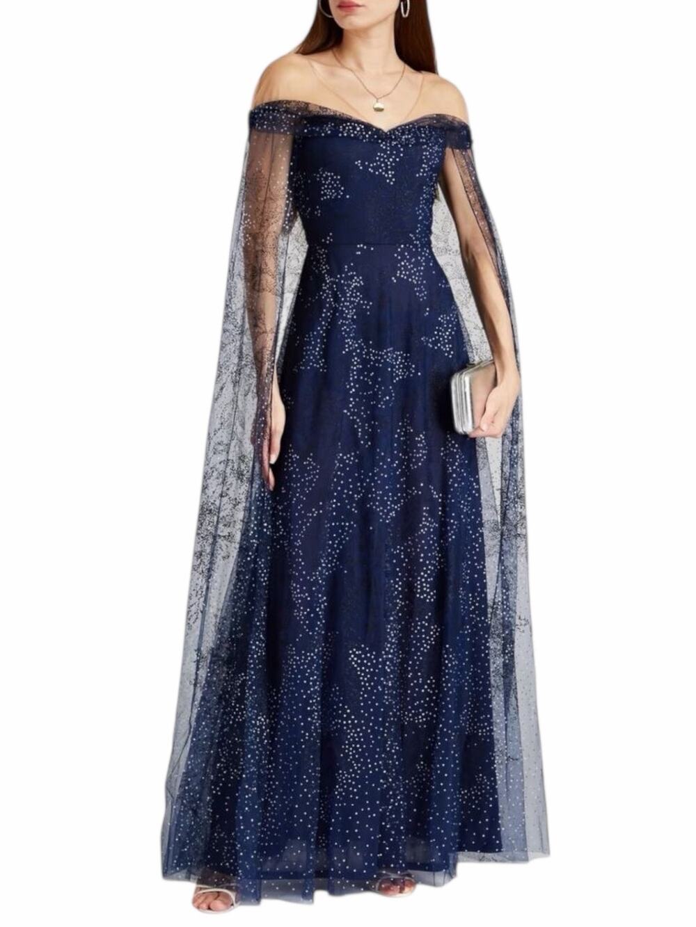 Marchesa Notte Tulle Overlay Cape Embellished Gown Blue Size 0